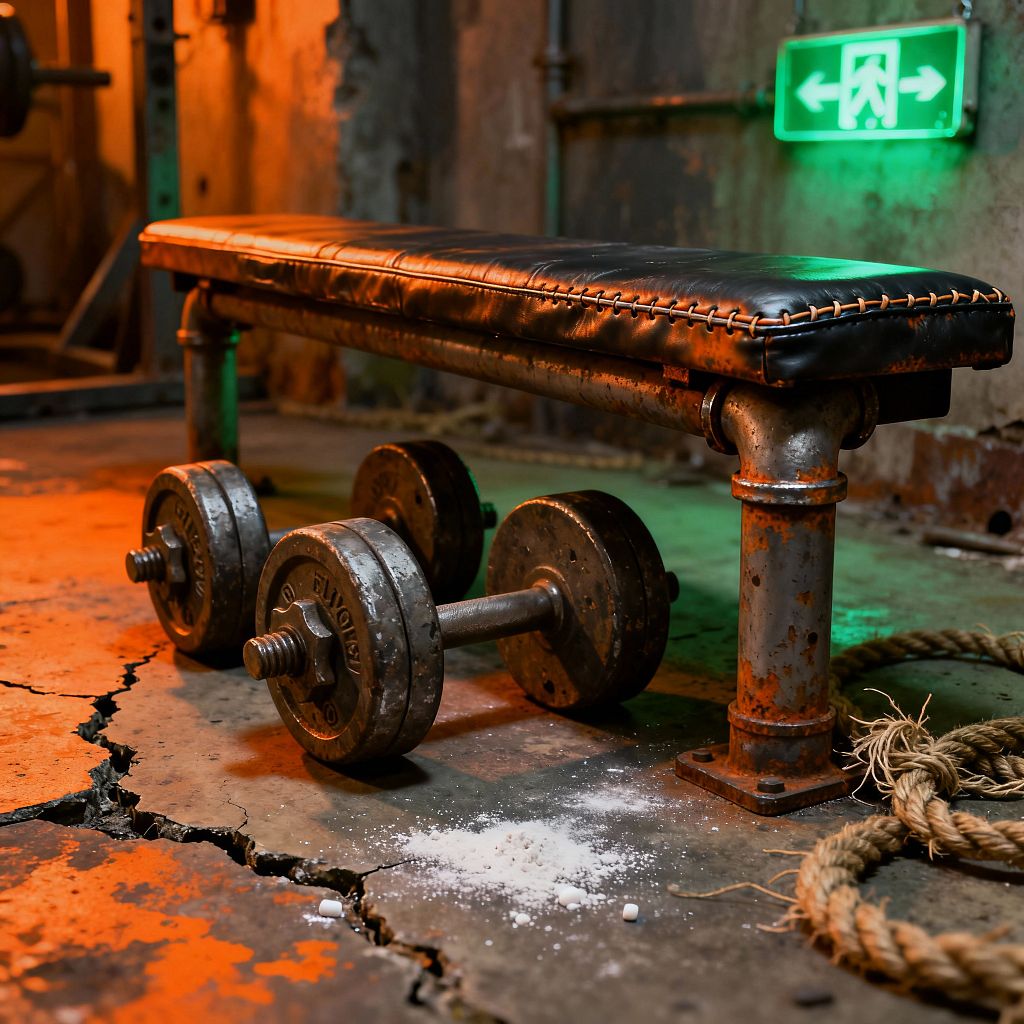 A rugged home gym scene features a narrow flat bench upholstered in scuffed black leather with heavy tan stitching, mounted on rusted steel pipe legs over a cracked concrete floor. Two worn cast-iron dumbbells, a coiled manila rope, a dusting of lifting chalk, and distressed walls with exposed conduits sit under moody orange and green lighting, while a glowing green exit sign punctuates the industrial, post-apocalyptic atmosphere.
