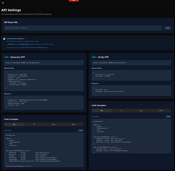 The image displays an API documentation interface for an OTP service with various functionalities.