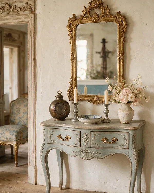 A French Country entry vignette with a distressed pale blue console table, ornate gilded mirror, and carved cream trim against textured plaster walls. The tabletop holds brass candlesticks, a round bronze vessel, a small patterned bowl, and a vase of pale flowers, with a soft upholstered chair visible through the doorway.