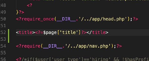 Code snippet showing PHP script with a potential double <title> tag issue.