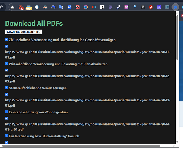 A user interface for a Chrome extension designed to download multiple PDF files from a webpage.