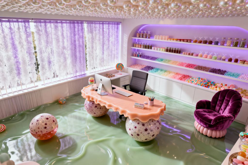 Playful home office styled like a candy shop, featuring a peach scalloped desk supported by speckled jawbreaker-like spheres on a glossy mint green floor. A curved wall niche holds white shelves lit with purple LEDs, stocked with jars and mounds of pastel candies. A plush purple velvet lounge chair sits on a bubble base beside a gray task chair and computer. Large windows with lavender ombré fringed curtains brighten the space, while a ceiling of pearl-like orbs adds sparkle.