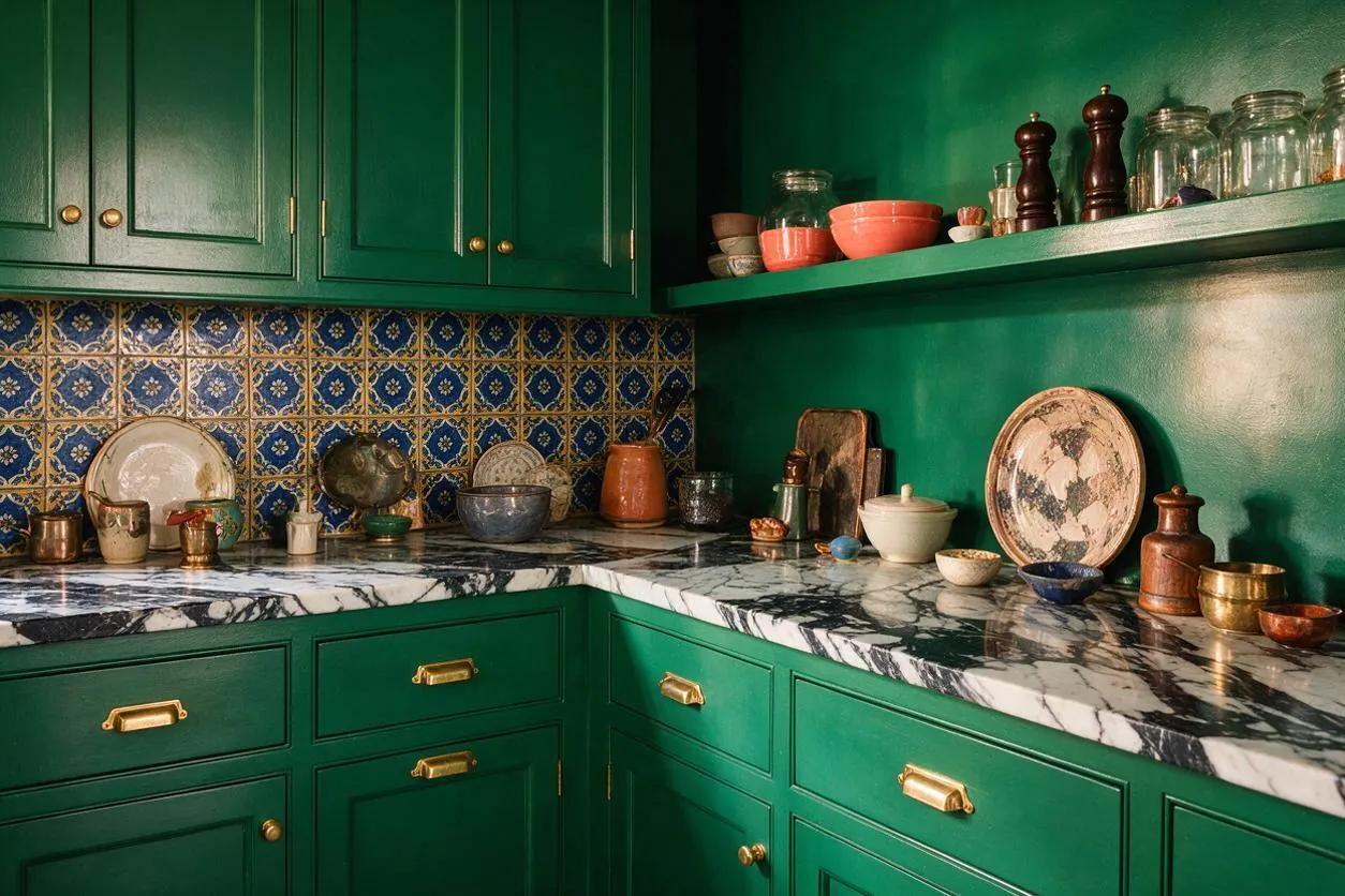 A dramatic kitchen vignette with glossy emerald green cabinets and walls, brass hardware, and a black-and-white marble countertop. The backsplash features ornate blue, gold, and cream patterned tile, while shelves and counters display ceramic bowls, glass jars, copper vessels, and dark wood mills for a layered maximalist look.