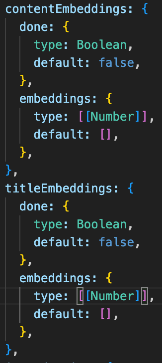 The image displays a code snippet related to content and title embeddings in a programming context.