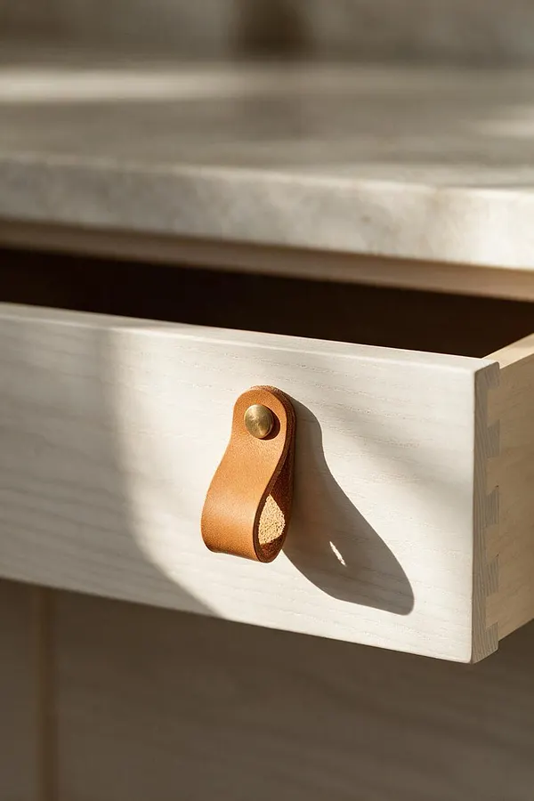 A close-up of a light wood drawer front with a tan leather loop pull secured by a brass rivet. Warm sunlight highlights the grain of the pale wood and casts a soft shadow, emphasizing the simple Scandinavian-style craftsmanship.