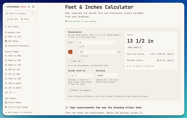 User interface of a Feet & Inches Calculator tool that adds, subtracts, and divides feet and fractional inches with options for input and output formats.