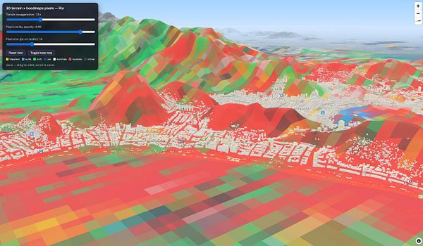 3D visualization of Rio de Janeiro's favela neighborhoods represented as polygonal structures in an expansive urban landscape under a bright sky.