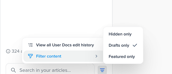 A helpdesk admin UI showing a filter menu with options for document visibility status on user documentation articles.