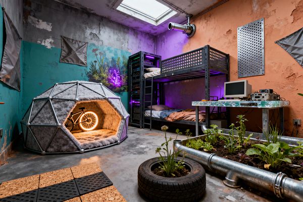 A kids' room styled like a survival bunker features a black metal bunk bed, a server rack glowing purple, and a geodesic gray faux-fur pod lit by a circular lamp around a bicycle. Distressed teal and terracotta walls frame a skylight and a small mural. A galvanized pipe garden bed and a rubber tire planter sit by a desk with a chunky recycled glass top, vintage computer, and tools on a concrete floor.