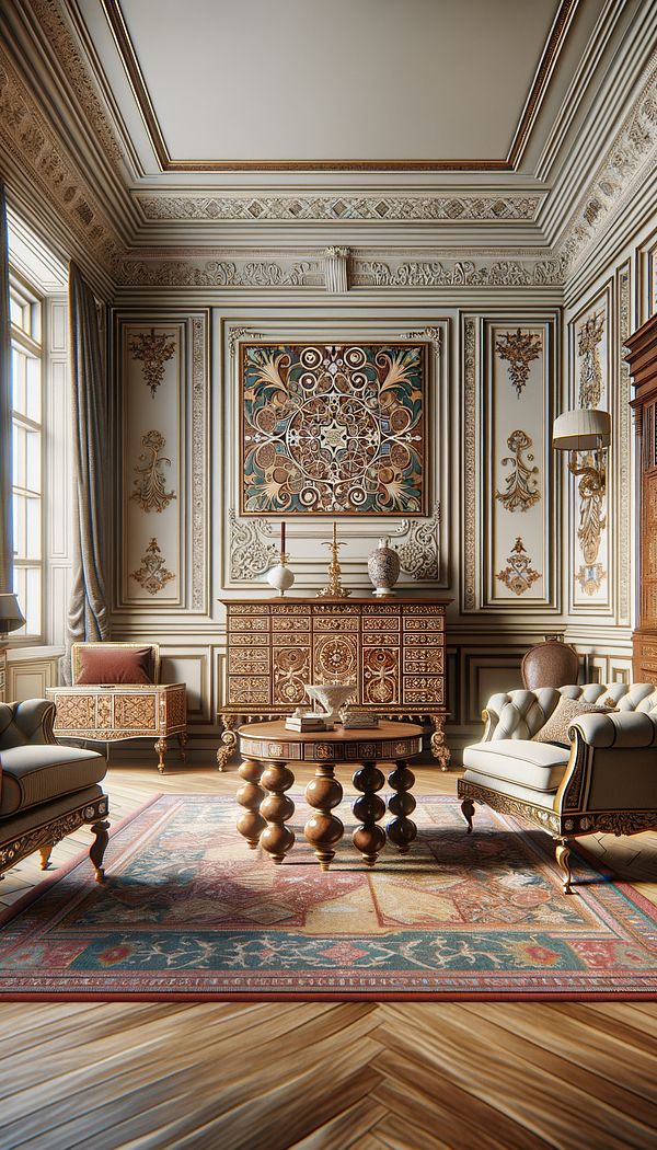 An elegant living room furnished in the William & Mary style, featuring a highboy with bulbous turned legs, a geometric marquetry inlaid table, detailed wall paneling, and an oriental rug.