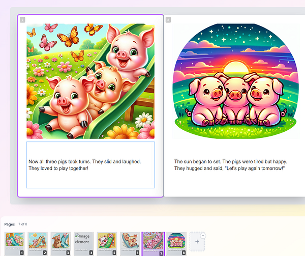 The image features a colorful illustration of three playful pigs enjoying a slide in a vibrant outdoor setting.