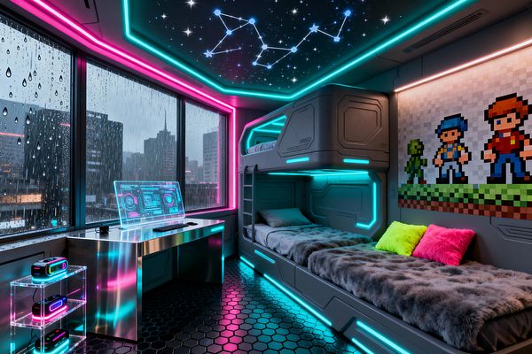 A futuristic kids’ bedroom features matte gray bunk beds set into a wall, trimmed with teal LED strips. The ceiling is dark with star-like pin lights and a glowing constellation, while neon magenta and cyan accent lighting frames rain-streaked floor-to-ceiling windows overlooking a city. A brushed stainless steel desk supports a transparent screen with bright graphics beside a clear acrylic shelf of gadgets. Black hex tile floors and plush gray bedding with lime and hot pink pillows complete the space.