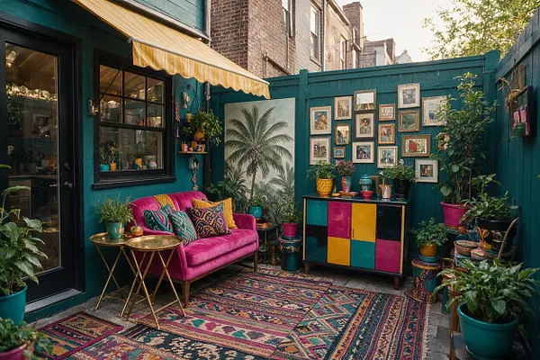 A small backyard styled as a colorful maximalist lounge with teal painted walls and fence, a bright magenta velvet sofa, layered patterned rugs, many potted plants, framed art on the wall, and brass nesting tables. A striped awning shades the space, creating a cozy, eclectic outdoor room.