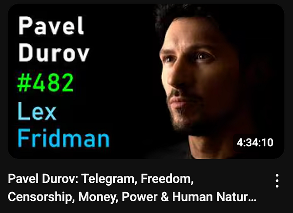 The image is a YouTube video thumbnail featuring Pavel Durov and Lex Fridman.