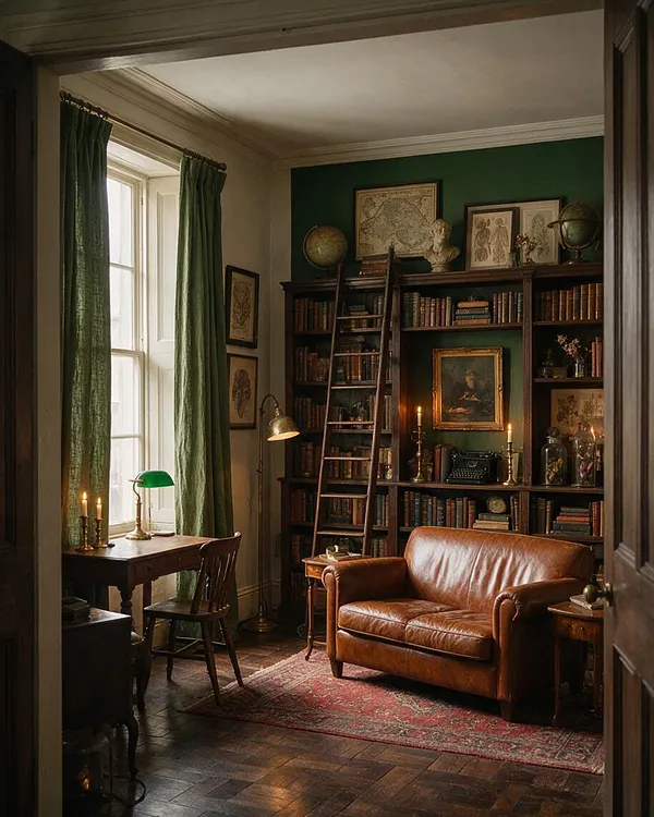 A moody living room styled in Dark Academia fashion with a brown leather sofa, dark wood bookcases filled with books, a ladder, and vintage globes. Green curtains frame a tall window beside a wooden desk with a brass lamp and candlelight, while a patterned rug and warm wood floors add an old-world scholarly atmosphere.