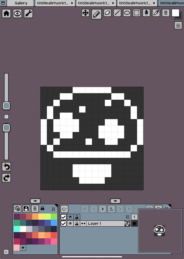 A pixel art drawing of a mushroom is displayed on a digital canvas.