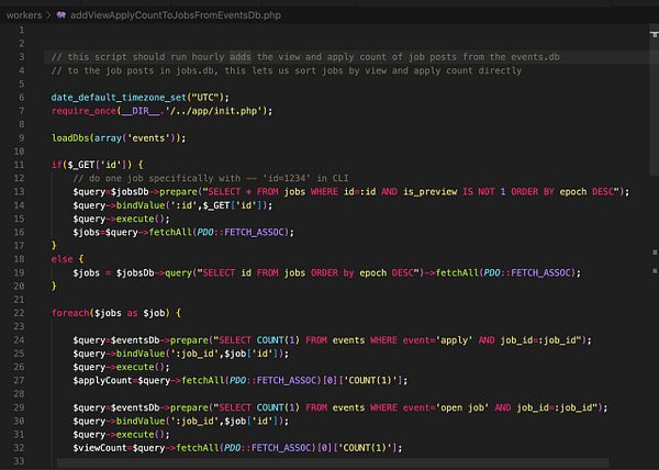 The image displays a PHP script designed to update job application counts from an events database.