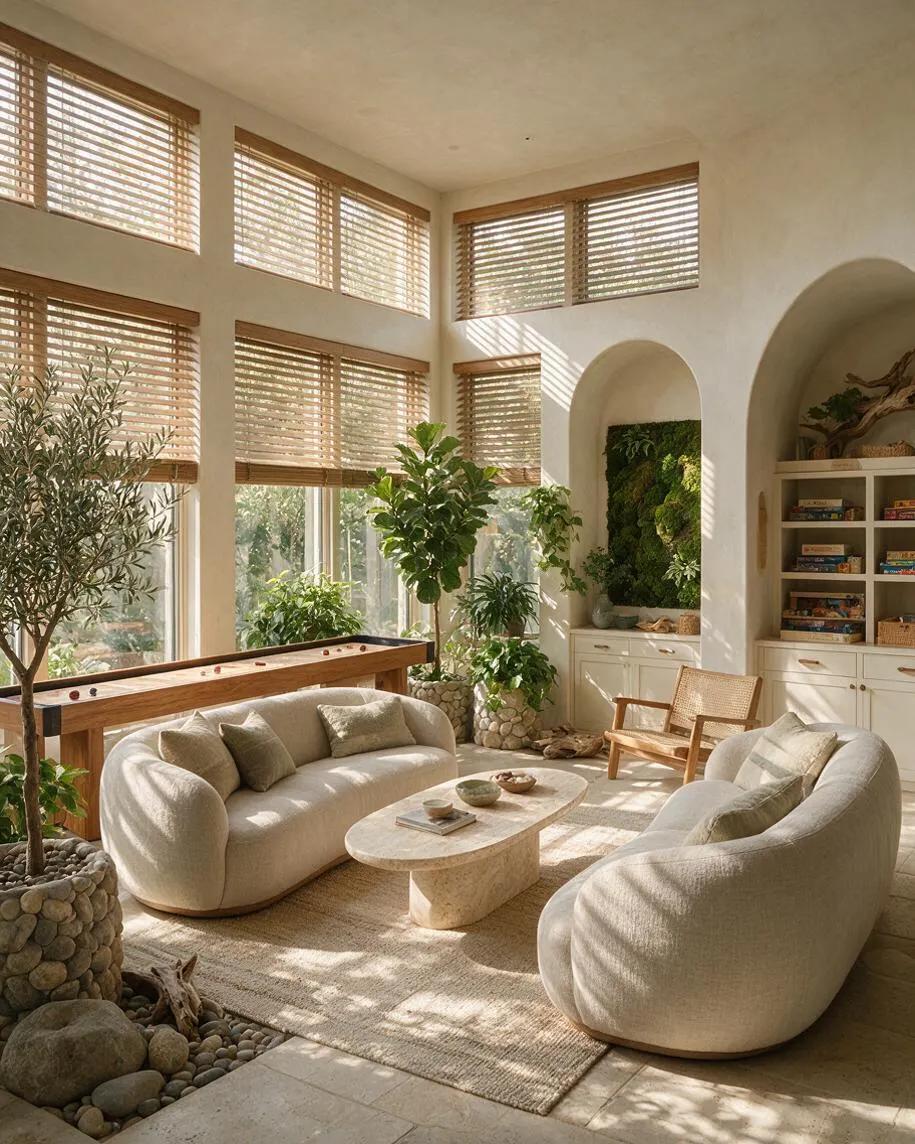 A spacious biophilic game room with tall windows and woven wood blinds, filled with potted trees and plants. Two curved cream sofas face a stone coffee table and a wooden shuffleboard-style game table, while built-in shelves with board games and arched niches add a relaxed, nature-inspired feel.