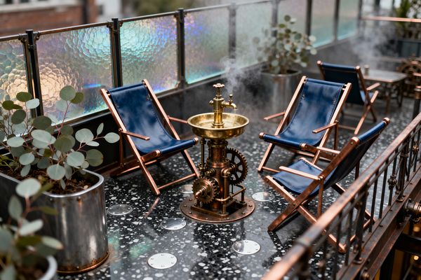 An urban balcony patio features a central brass steam fountain with valves and gears releasing vapor, surrounded by copper-framed indigo sling chairs. The floor is black terrazzo with gray flecks and round metal plates, bordered by hammered, iridescent privacy glass and dark railings; brushed steel planters with eucalyptus add greenery, creating a moody steampunk lounge.