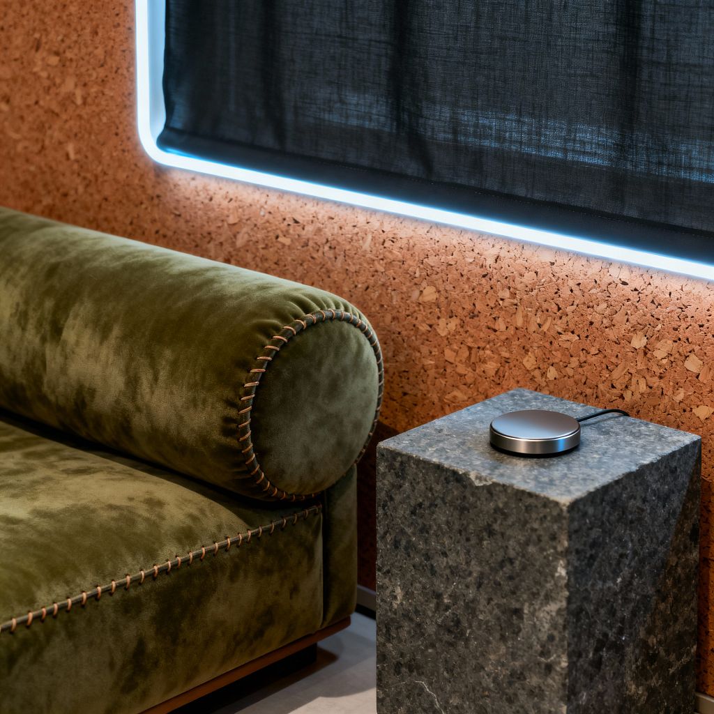 A close-up of a contemporary media room corner shows an olive green velvet sofa with a cylindrical bolster and contrast whipstitching next to a monolithic dark gray stone pedestal topped by a round metal remote. Behind, warm cork wall paneling frames a black blackout curtain, outlined by a cool-white LED light strip that casts an ambient glow, emphasizing tactile textures and a quiet palette designed for comfort and acoustic control.