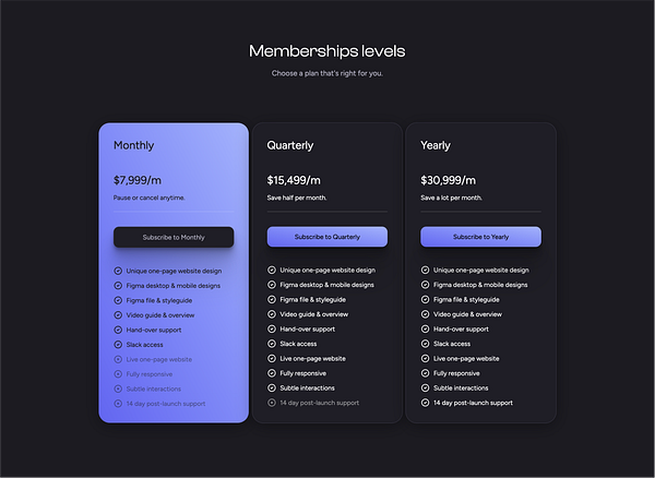 The image displays a membership pricing table with three subscription options: Monthly, Quarterly, and Yearly.
