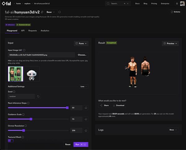 The image displays a user interface for a 3D model generation tool with input options and a completed result.