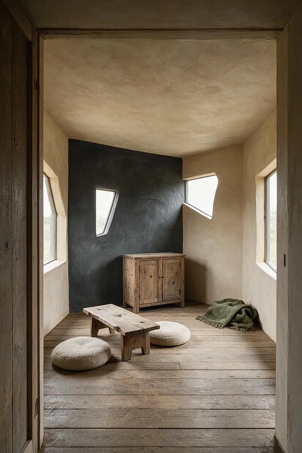 A narrow sunroom with plaster walls, a dark textured accent wall, and irregular geometric windows that bring in soft daylight. The room has weathered wood plank flooring, a small rustic wooden table, two round floor cushions, a worn wood cabinet, and a folded green throw in one corner.