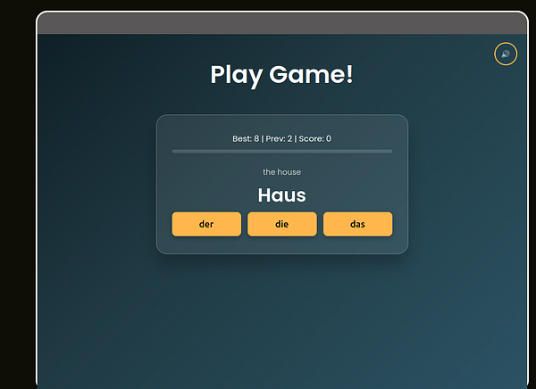 The image displays a user interface for a language learning game focused on German articles.