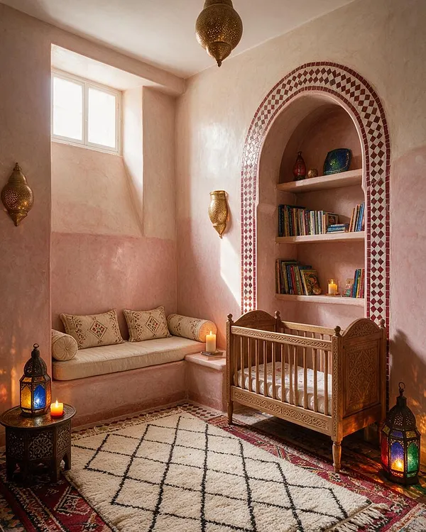 A cozy Moroccan-style nursery with a carved wooden crib beside a built-in arched alcove lined with red-and-cream mosaic trim and shelves of books. The room features plaster walls in soft pink tones, a cushioned window seat with patterned pillows, brass lanterns, and a cream rug with a black diamond pattern.