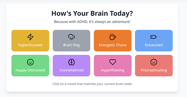 The image features a mood selector interface designed for individuals with ADHD.
