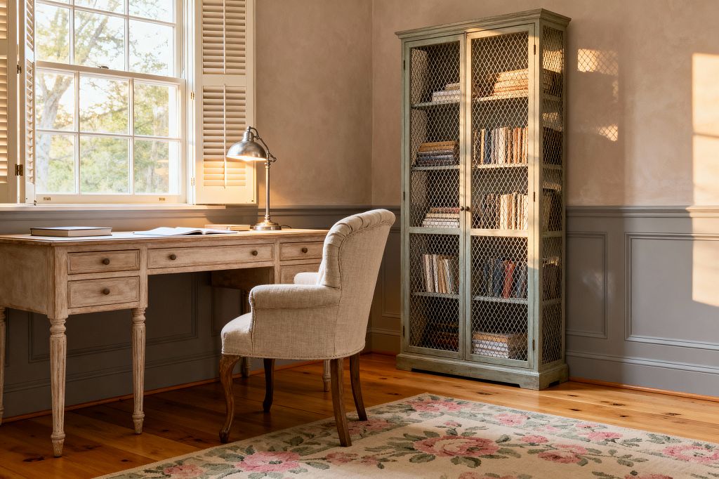 A sunlit French Country home office features a distressed light-wood writing desk beneath a large multi-pane window with cream interior shutters and a silver task lamp. A linen-upholstered armchair with curved wooden legs faces the desk, and a sage-green painted bookcase with wire-mesh doors holds books against warm plaster walls with gray wainscoting; honey-toned pine floors and a rose-patterned rug complete the rustic, elegant space.