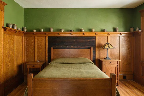 A Craftsman-style bedroom with a wooden bed centered against dark stained headboard paneling, flanked by small oak nightstands. The room features green walls above extensive wood wainscoting, a row of small ceramic vessels on the ledge, a stained glass table lamp, and warm hardwood floors.