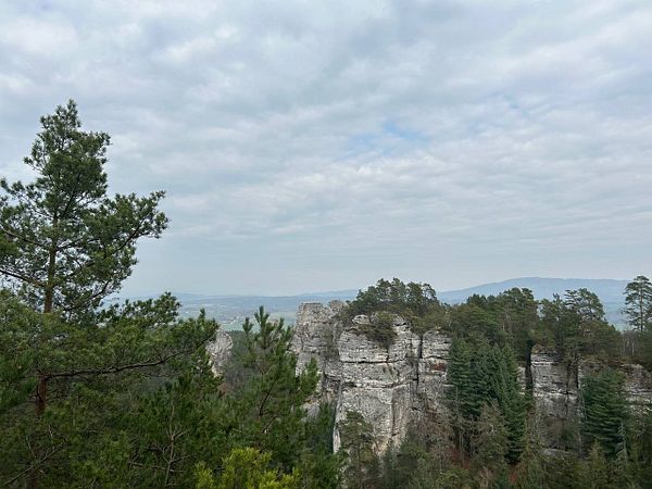 A scenic view of rocky cliffs surrounded by trees under a cloudy sky.