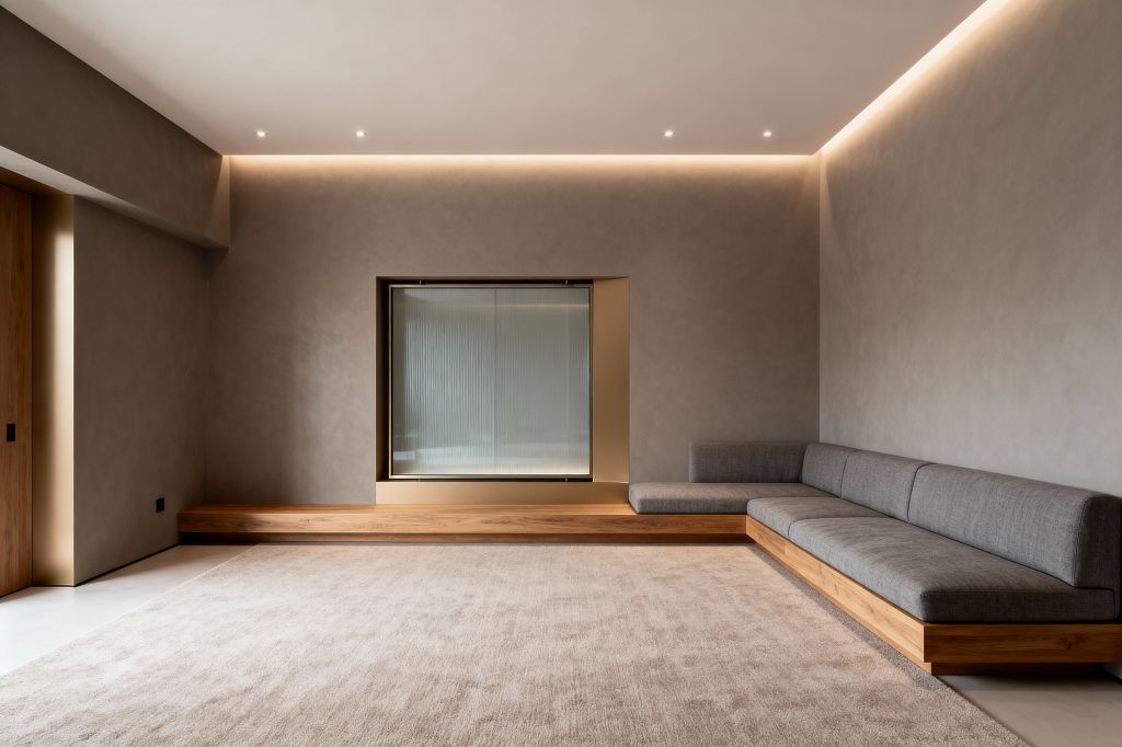 A minimalist media room features warm greige plaster walls with perimeter cove LEDs and small recessed downlights. An L-shaped low sofa in gray upholstery sits on a continuous oak platform that extends as a bench beneath a square recessed opening framed in brushed bronze with a reeded glass screen, while a large beige rug softens the pale microcement floor and a flush oak door keeps the composition clean.