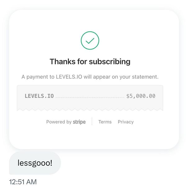 A payment confirmation message for a subscription to LEVELS.IO for $5,000.