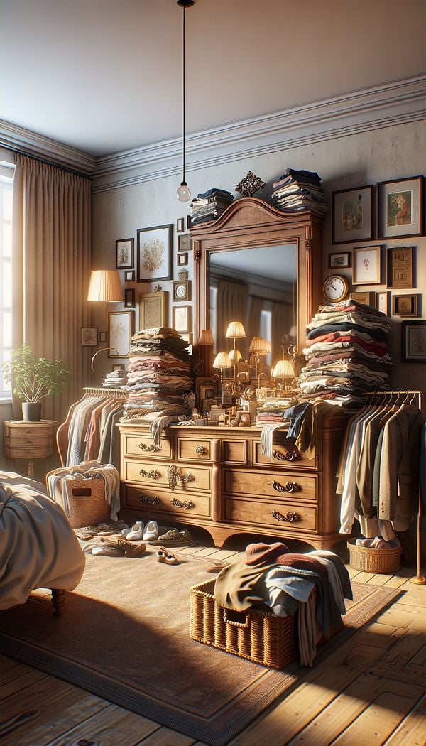 A stylish bedroom featuring a wooden dresser overflowing with clothes, lit by a warm, inviting light, with art and personal mementos displayed on its surface.