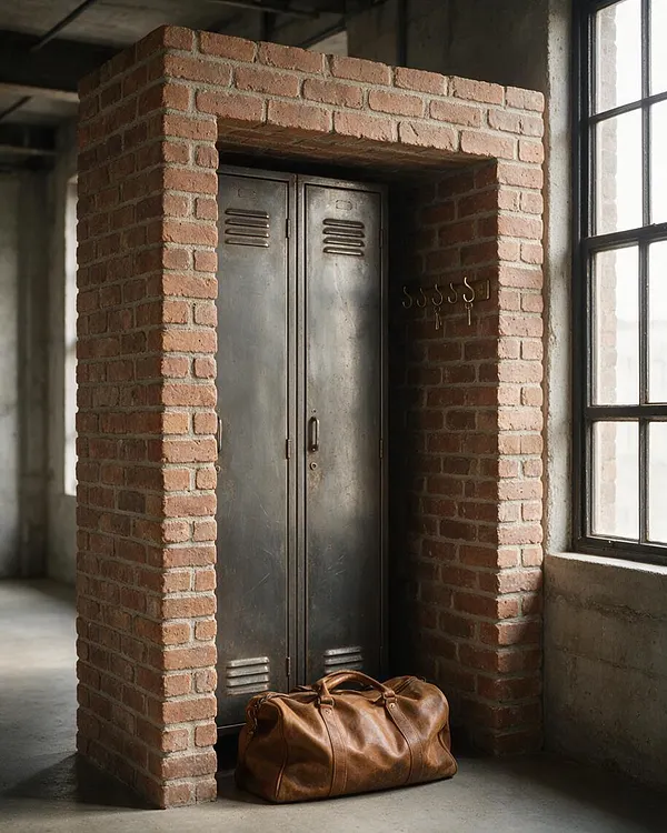An industrial interior vignette featuring a brick-framed alcove with a tall metal locker cabinet inside. A brown leather duffel bag sits on the concrete floor in front, beside a large black-framed factory-style window and exposed concrete walls.