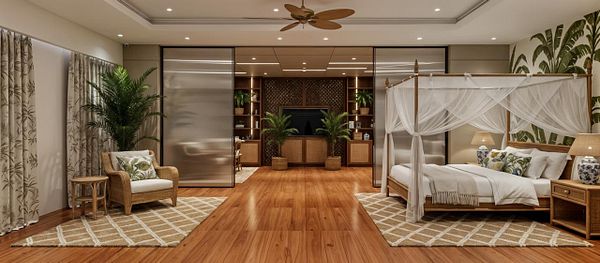 A beautifully designed tropical bedroom featuring natural elements and a serene atmosphere.