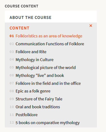 The image displays a course content outline for a class on folklore.