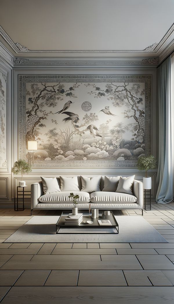 A modern living room featuring chinoiserie-inspired wallpaper with traditional Chinese motifs like birds and flowers, complemented by a sleek, contemporary sofa and minimalistic decor.