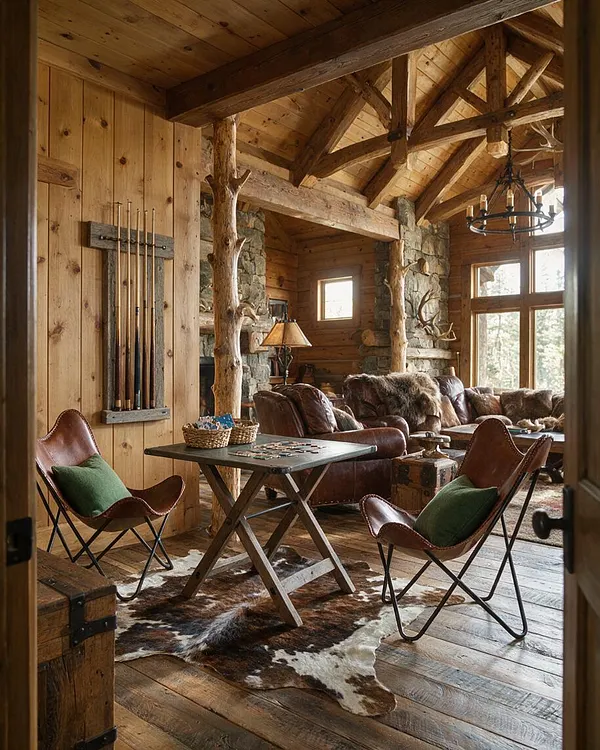 A rustic game room with exposed wood beams, log and stone walls, and a warm, lodge-like atmosphere. In the center sits a small game table with two leather sling chairs, while the back area includes a leather sectional, fur throws, a cowhide rug, and a wrought-iron chandelier.
