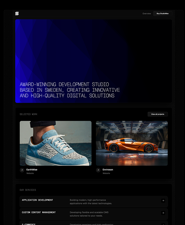 The image displays a sleek website interface for an award-winning development studio based in Sweden.