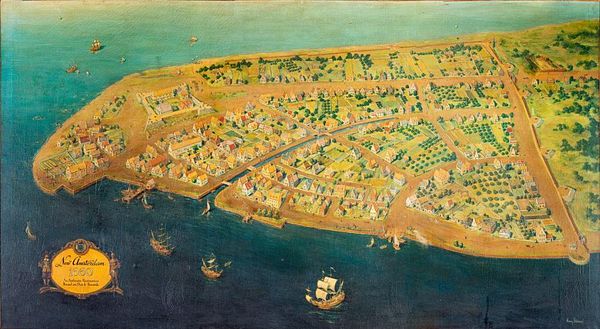 A historical map depicting New Amsterdam in 1650, showcasing its layout and surrounding waters.