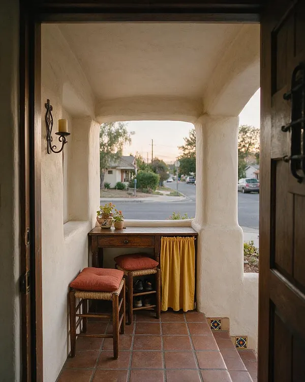 A small Mediterranean-style front porch with white stucco walls, a curved opening, terracotta tile flooring, and a dark wood table tucked against the wall. Two woven stools with rust-colored cushions sit beneath the table, with a yellow fabric skirt and small potted plants adding warmth and color.