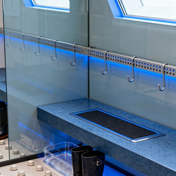 A futuristic mudroom features a speckled blue bench with an integrated stainless vent grille beneath a frosted glass wall. A perforated aluminum rail with stainless S-hooks runs the length of the wall, bathed in blue LED light. A slanted skylight adds daylight, while clear acrylic bins sit under the bench beside black rubber boots. A light gray floor dotted with stainless studs completes the high-tech, easy-to-clean space.