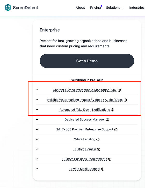 The image displays a section of the ScoreDetect website highlighting features for Enterprise clients.