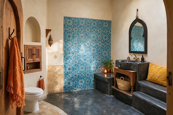 A Moroccan-style powder room with cream plaster walls, a vivid blue star-patterned tile feature wall, and a dark stone sink counter with a black arched mirror above it. The space includes a white toilet, warm wood cabinetry, brass accents, woven baskets, orange and yellow textiles, and a lantern-style wall light.