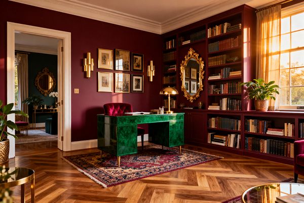 A richly appointed home office features deep burgundy walls and built-in bookshelves surrounding an emerald, high-gloss desk with brass legs and a matching brass banker’s lamp. A tufted burgundy velvet chair, Persian-style rug over herringbone oak flooring, ornate gilded mirror, gallery wall with gold frames, tall window with sheer gold curtains, and potted plants create a layered, maximalist library bathed in warm sunset light.
