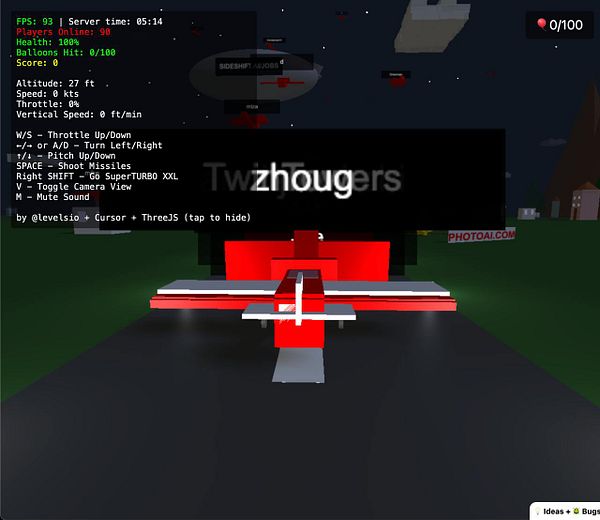 The image displays a gaming interface featuring an aircraft in a virtual environment with control instructions and game statistics.