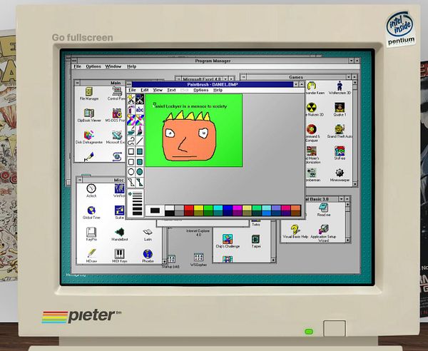 A retro computer screen displays a drawing created in Paintbrush on Windows 3.11.